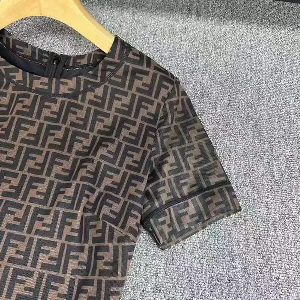 Fendi Brown Micro Mesh Dress with Pared for Women in Down Silhouette