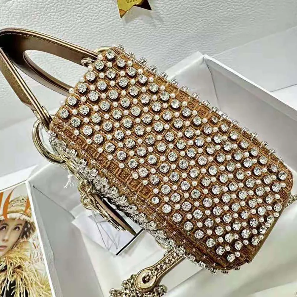 Dior Mini Lady Dior Bag Square-Pattern Embroidery Set with Strass and White Round Beads for Women Dior Mini Lady Dior Bag Square-Pattern Embroidery Set with Strass and White Round Beads for Women