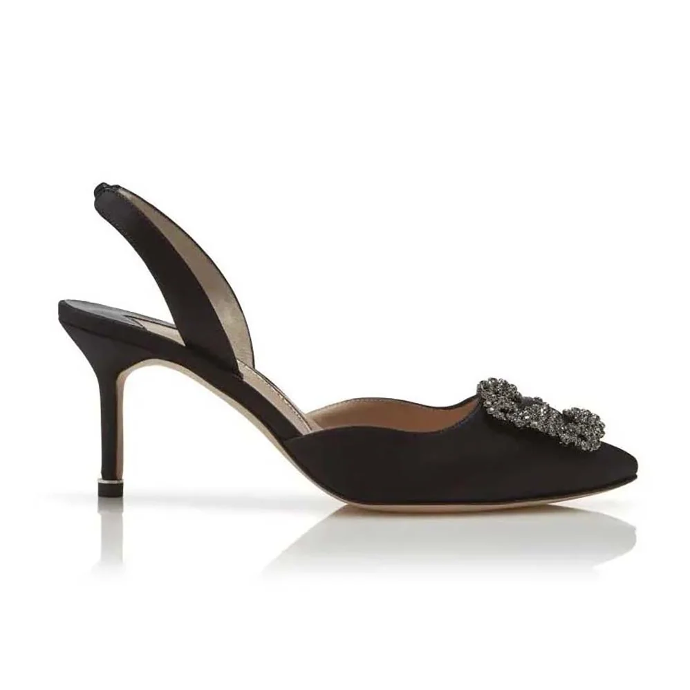Manolo Blahnik Black Satin Jewel Buckle Slingback Pumps for Women Manolo Blahnik Black Satin Jewel Buckle Slingback Pumps for Women