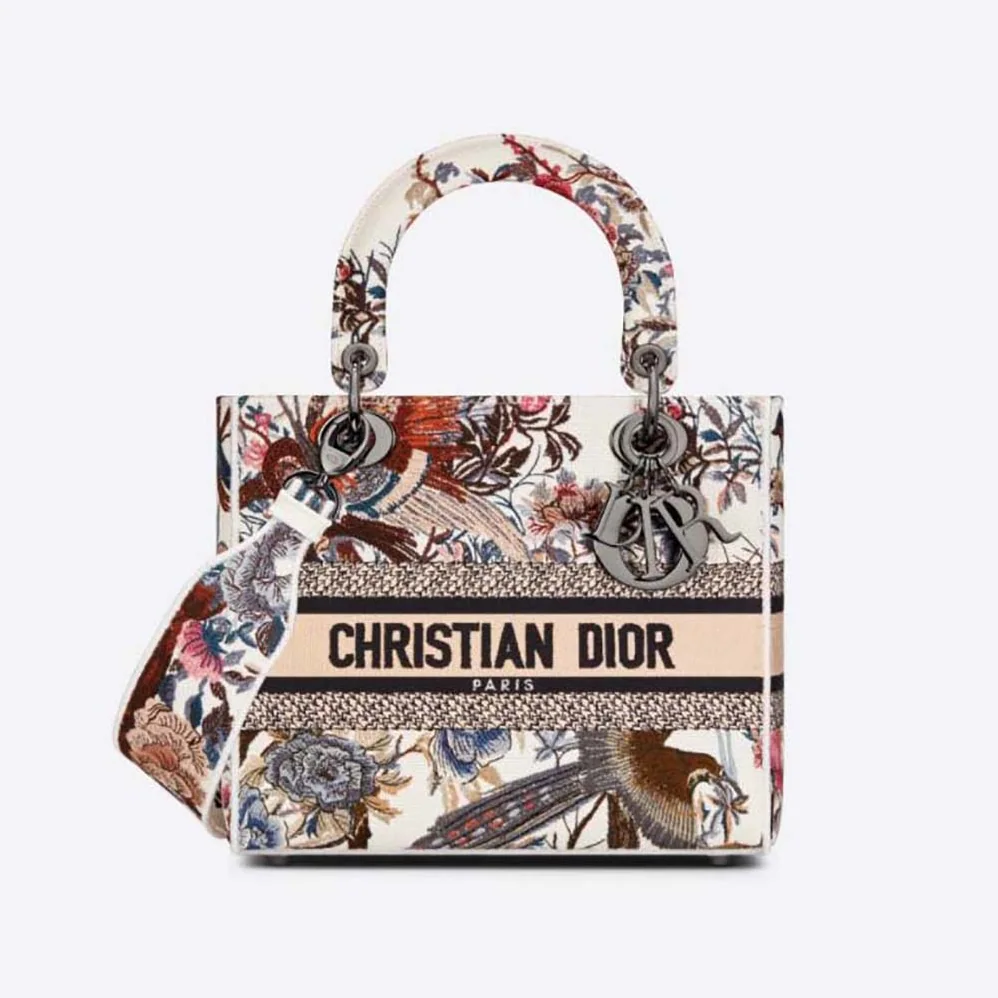 Dior Medium Lady D-lite Bag Ecru Multicolor Dior Jardin D'Hiver Embroidery for Women