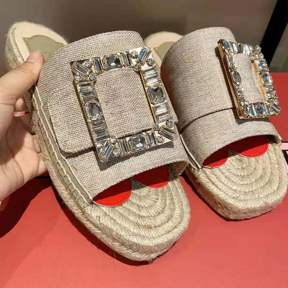 Roger Vivier Strass Buckle Espadrille Mules in Fabrics