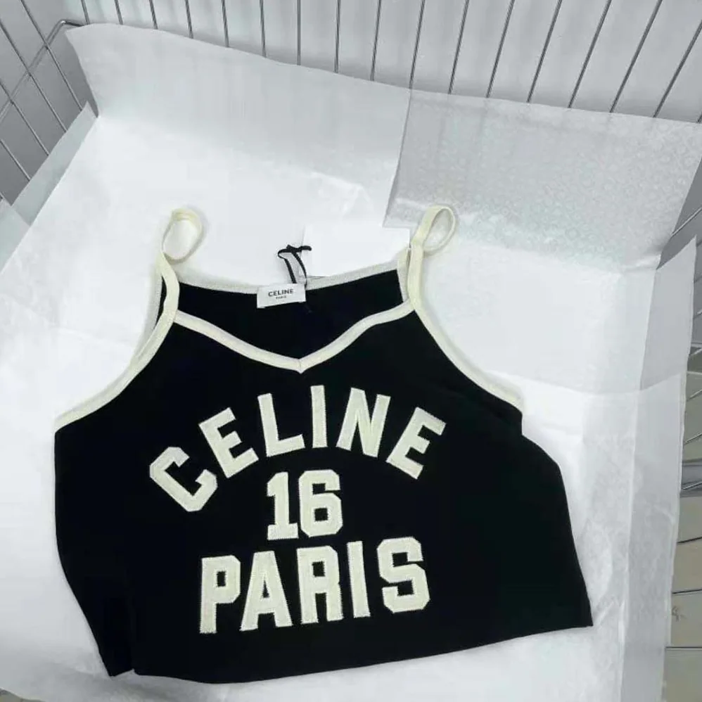 Celine Embroidered Celine 16 Vest Top in Cotton Jersey for Women in Black Celine Embroidered Celine 16 Vest Top in Cotton Jersey for Women in Black