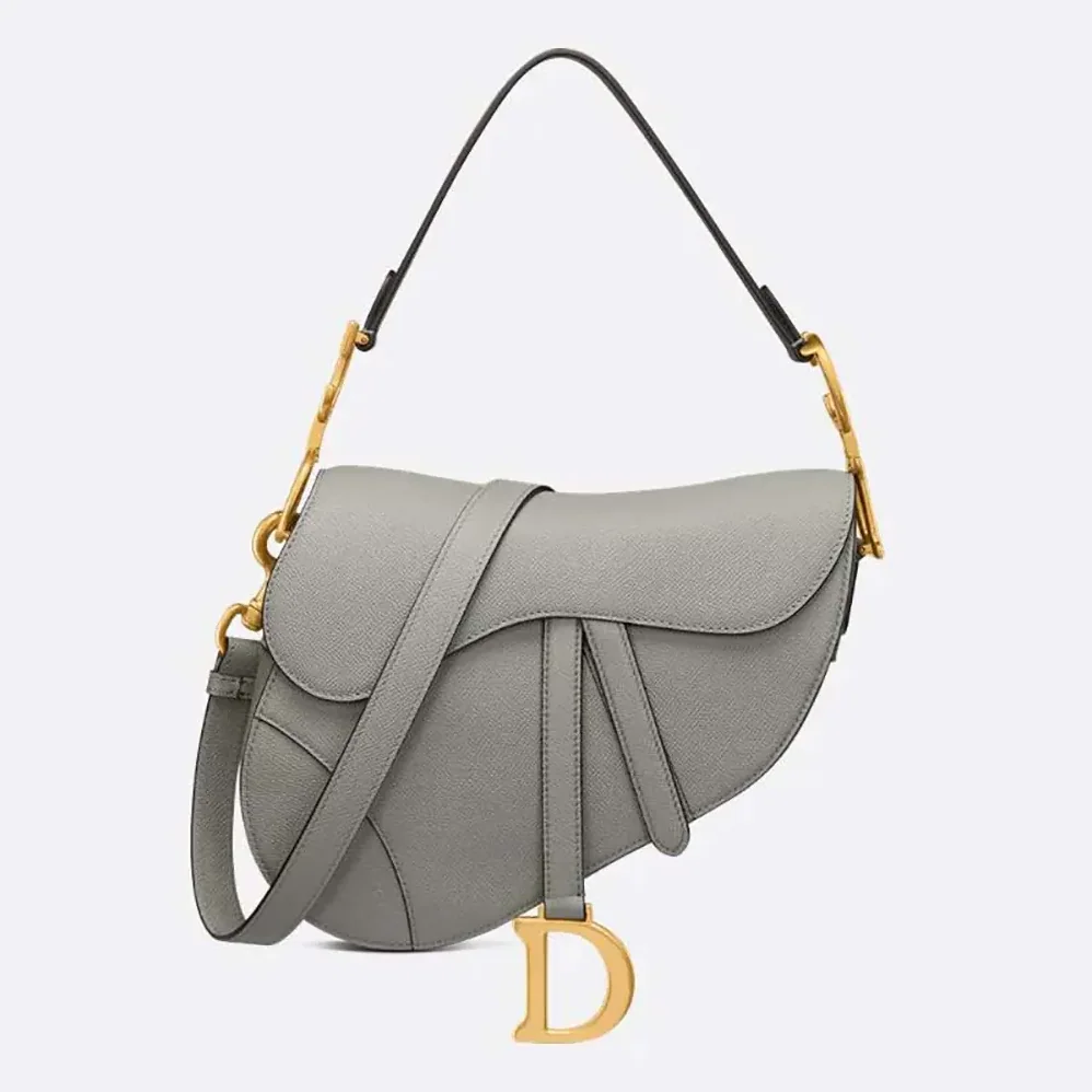 Dior Saddle Bag with Strap Stone Gray Grained Calfskin for Women