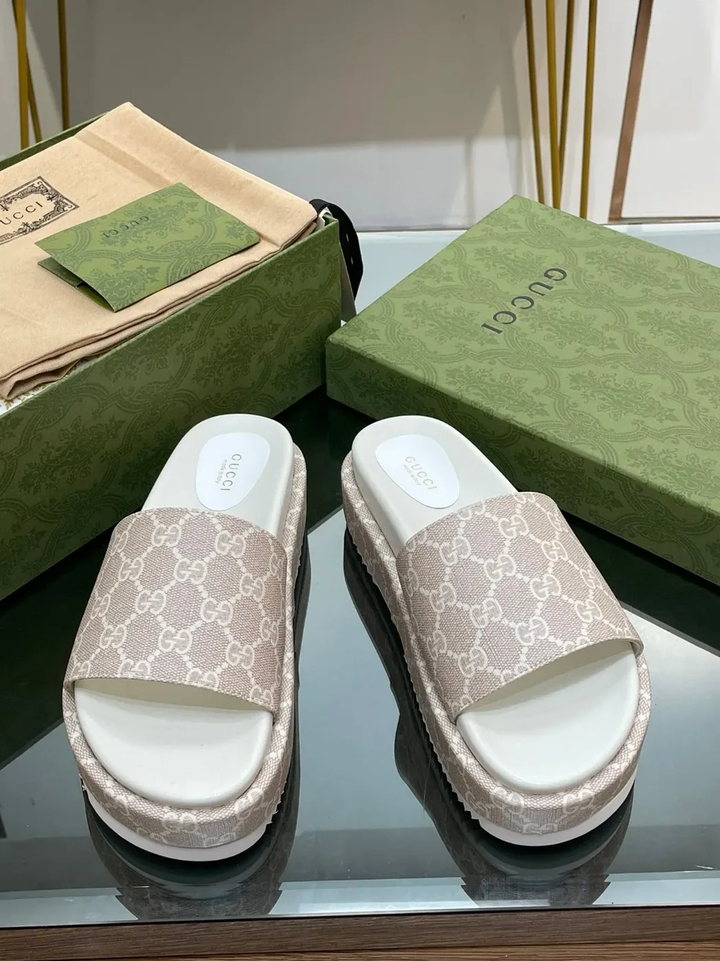 Gucci Jumbo Gg Platform Slide Sandal Light Green