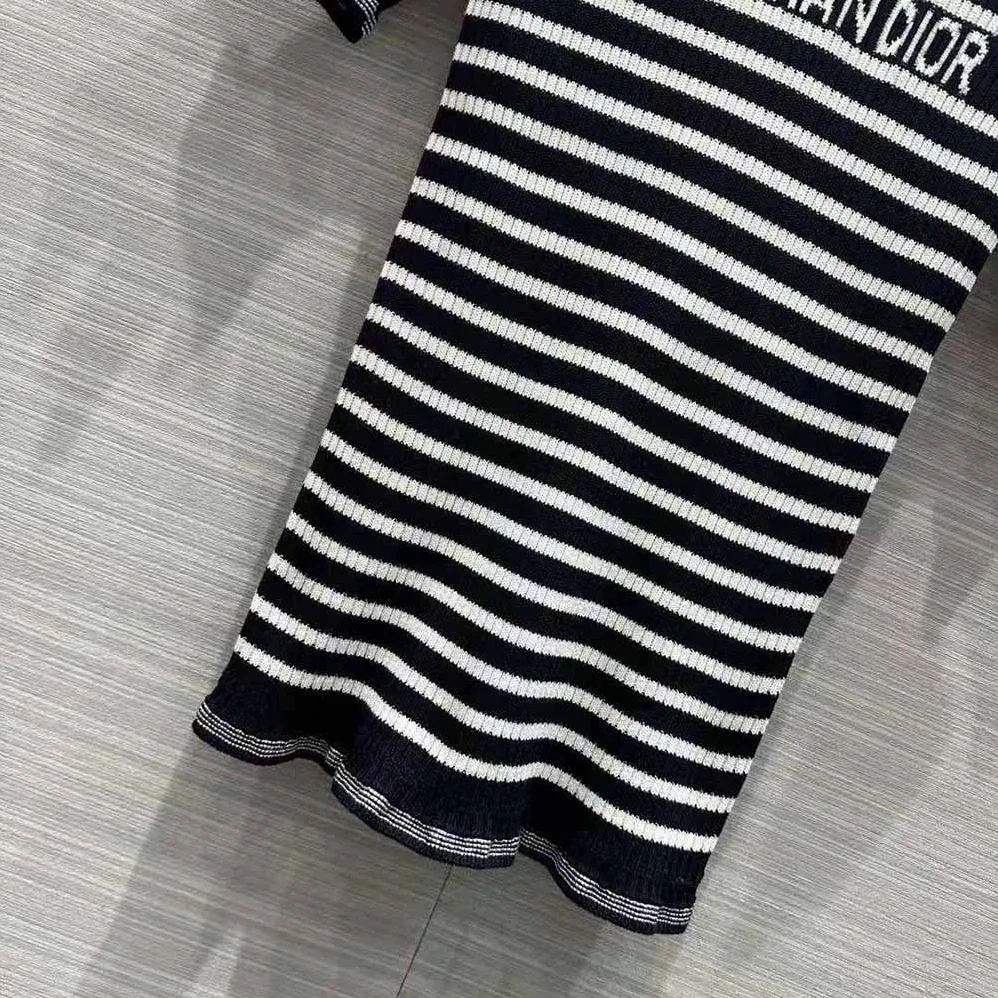 Dior Short-Sleeved Sweater Navy Blue and White Cotton Ribbed Knit with Signature for Women