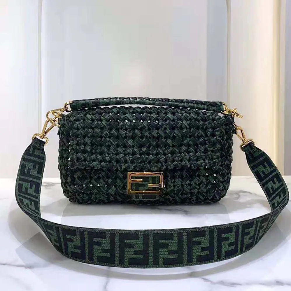 Fendi Baguette Jacquard Fabric Interlace Bag for Women in Green