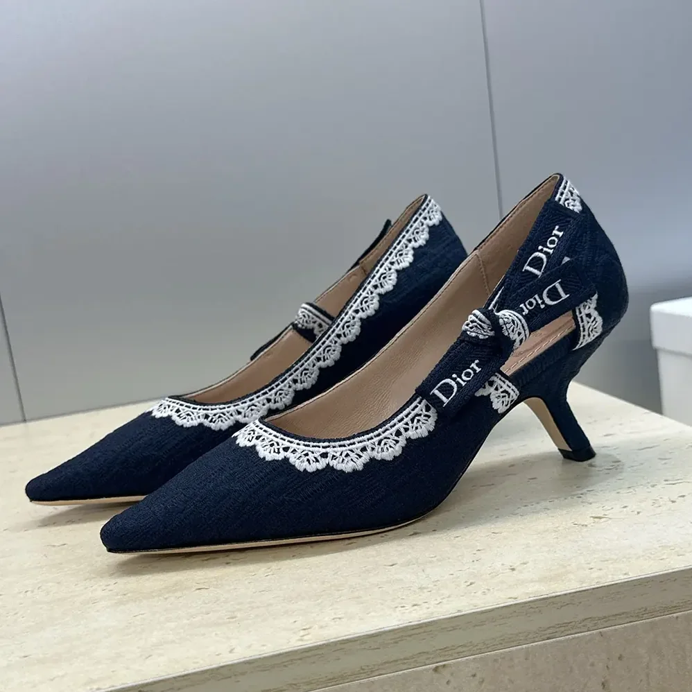 Dior J'Adior Pump Blue Dior Oblique Embroidered Cotton and White Lace for Women Dior J'Adior Pump Blue Dior Oblique Embroidered Cotton and White Lace for Women