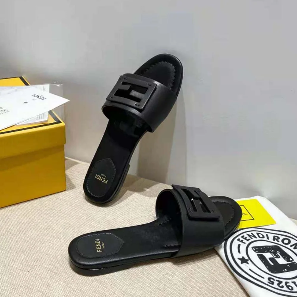 Fendi Signature Black Leather Slides in 0.4 inches Heel Height for Women