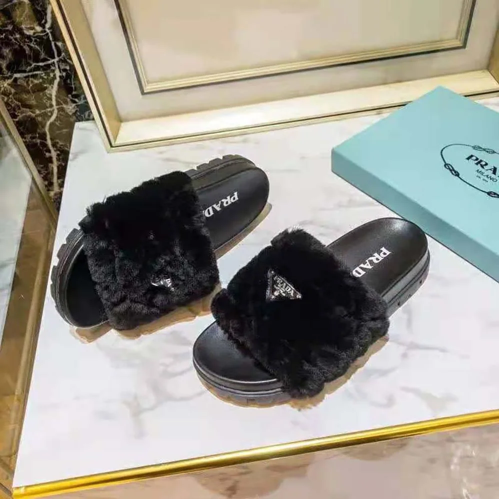 Prada Shearling Slides in 20mm Heel for Women in Black