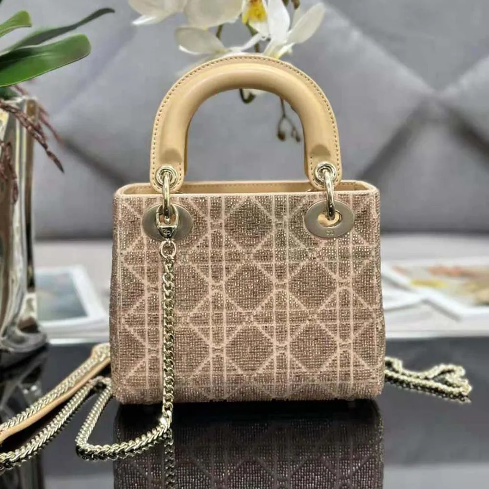 Dior Mini Lady D-joy Bag Caramel Beige Cannage Cotton Embroidered with Micropearls for Women