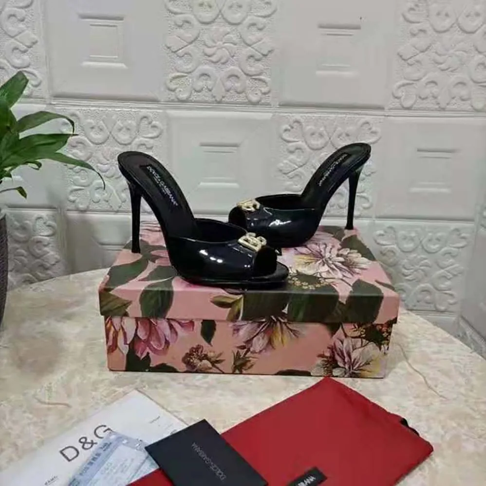 Dolce Gabbana D&G Patent Leather Mules with DG Logo for Women in Black