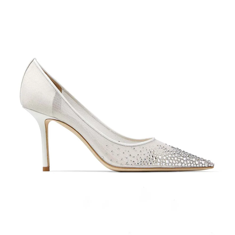 Jimmy Choo Love 85 White Mesh Pointed-Toe Pumps with Degrade Crystals for Women