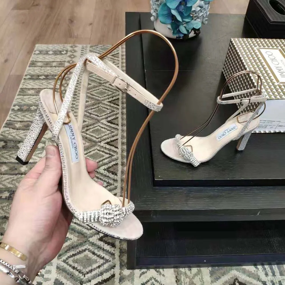 Jimmy Choo Thyra 100 Nude Suede Sandals with Pavé Crystal Cord Detail for Women Jimmy Choo Thyra 100 Nude Suede Sandals with Pavé Crystal Cord Detail for Women