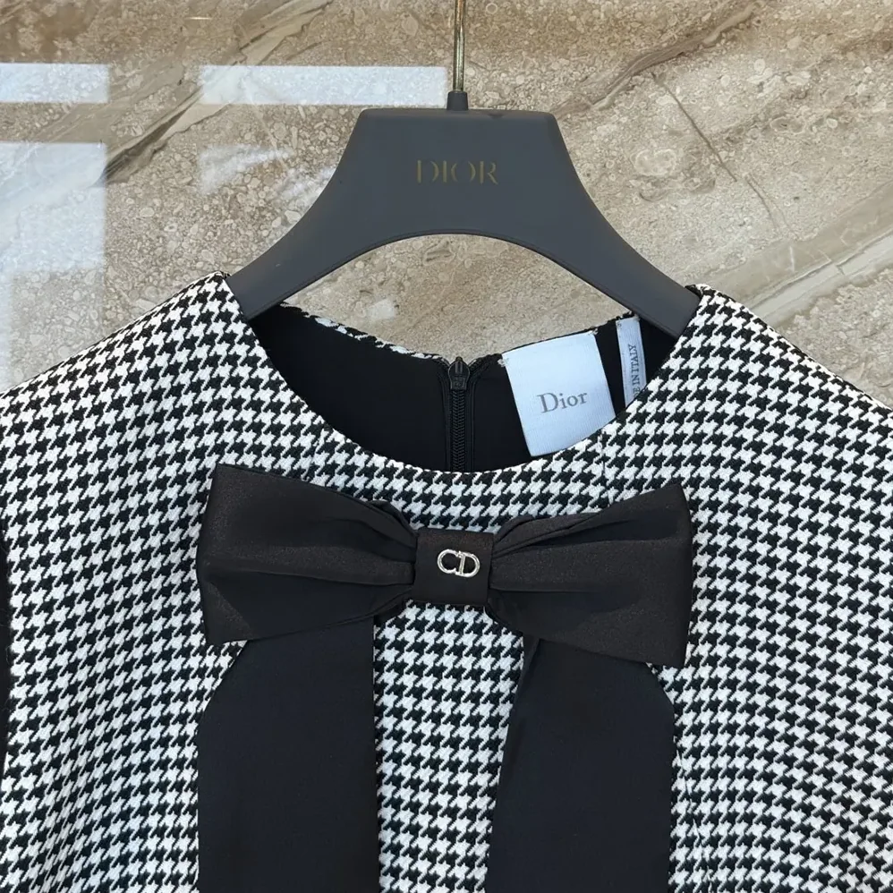 Dior Straight-Cut Short Dress Black and White Houndstooth Virgin Wool Blend for Women