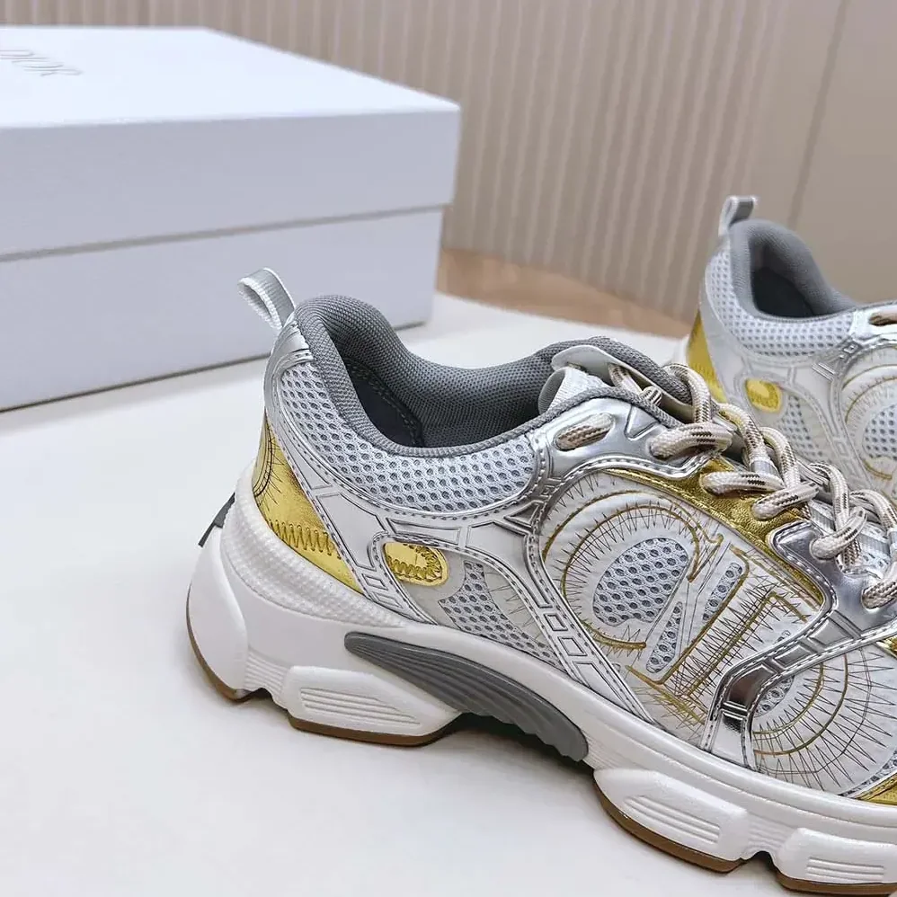 Dior Chrono Sneaker Beige Mesh with Gold-Tone and Silver-Tone Laminated Leather for Women in Effect Panels