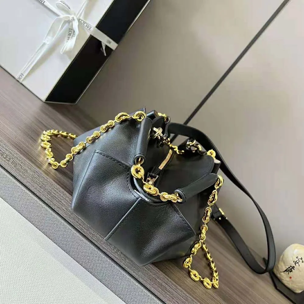 Loewe Small Paseo Bag in Shiny Nappa Calfskin with Chain for Women in Black