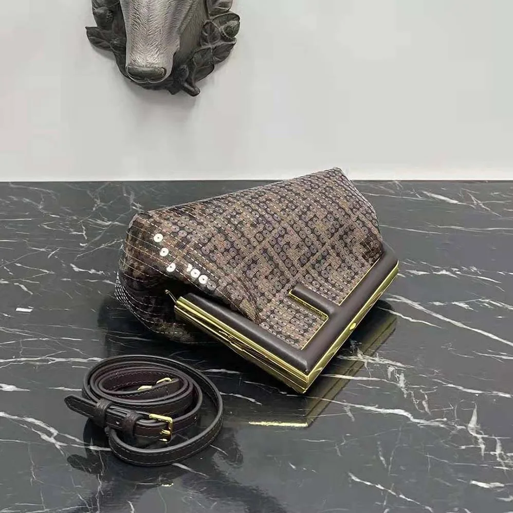 Fendi First Small Brown FF Jacquard Fabric Bag with Sequins for Women