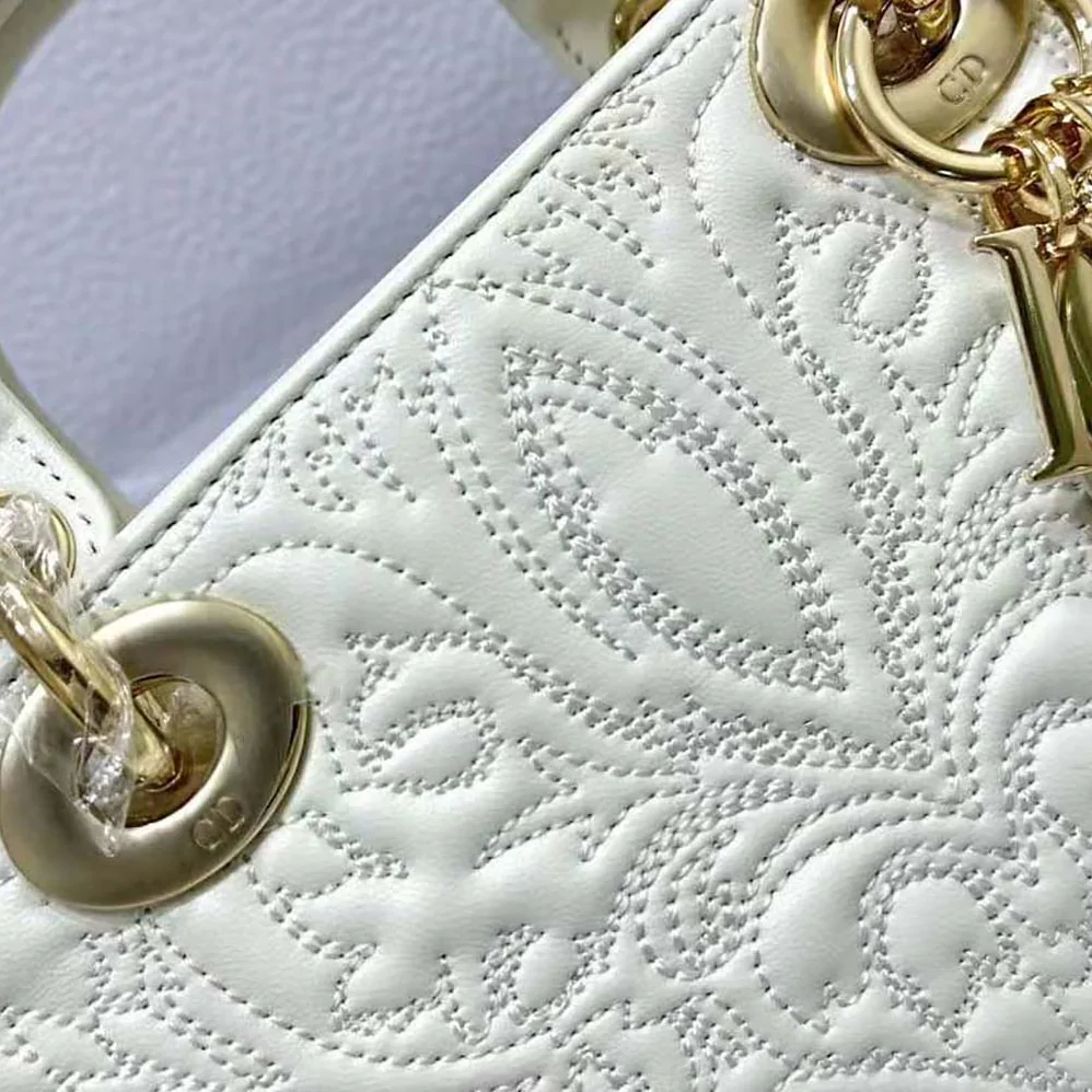 Dior Medium Lady D-joy Bag Latte Quilted-Effect Lambskin with Ornamental Motif for Women