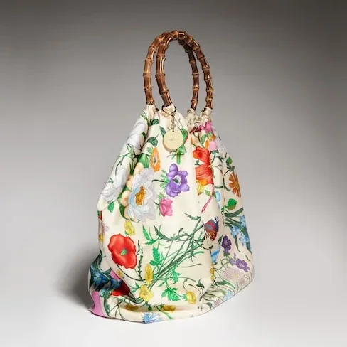 Gucci Silk Maxi With Bamboo Handle Tote Bag in White/ Multicolor Gold Hardware