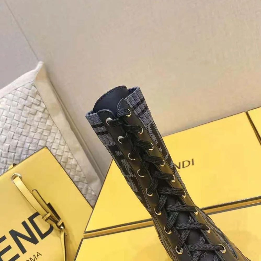 Fendi Rockoko Black Leather Biker Boots with Stretch Fabric for Women