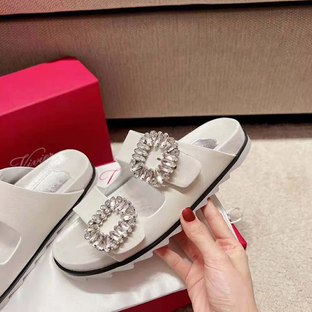 Roger Vivier Slidy Viv Strass Buckle Sandals in Fabric for Women in White