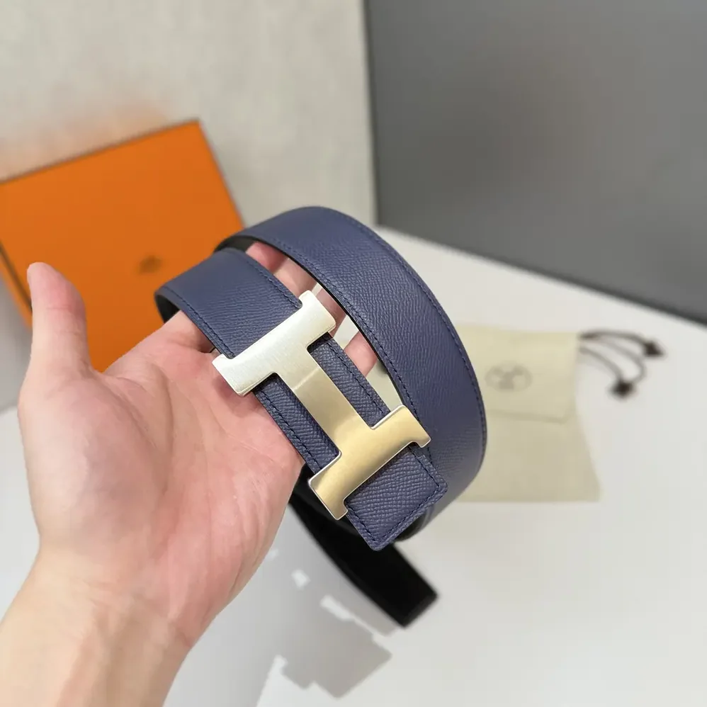 Hermes H Belt Buckle & Reversible Leather Strap 32 mm for Unisex in Black/Navy