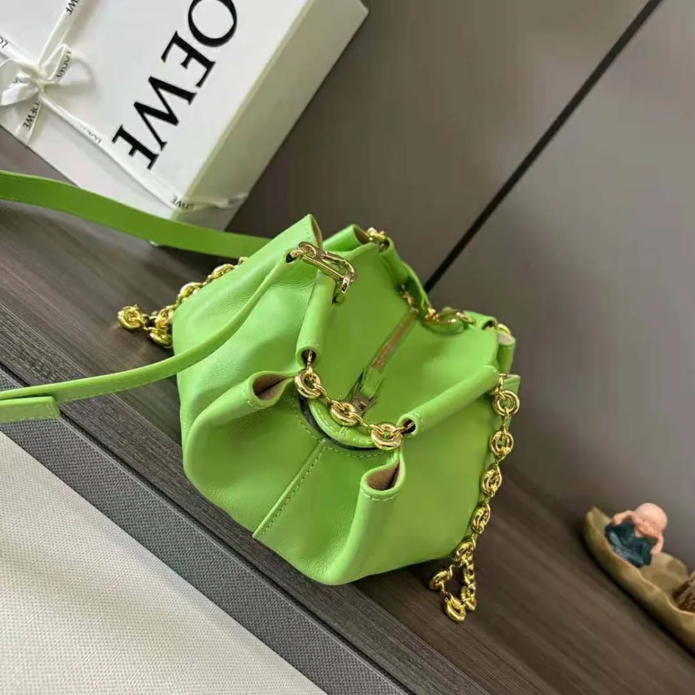 Loewe Small Paseo Bag in Shiny Nappa Calfskin with Chain for Women in Green