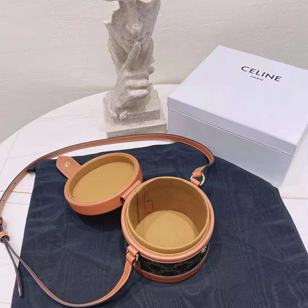 Celine Small Tambour Bag in Triomphe Canvas and Calfskin for Women in Brown