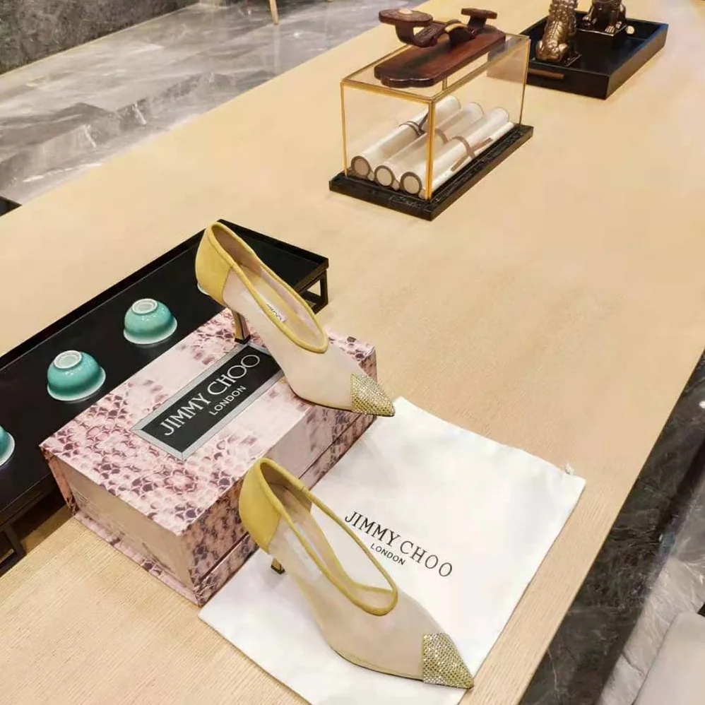Jimmy Choo Nicole 90 Yellow Mesh and Suede Pumps with Crystal Embellishment for Women