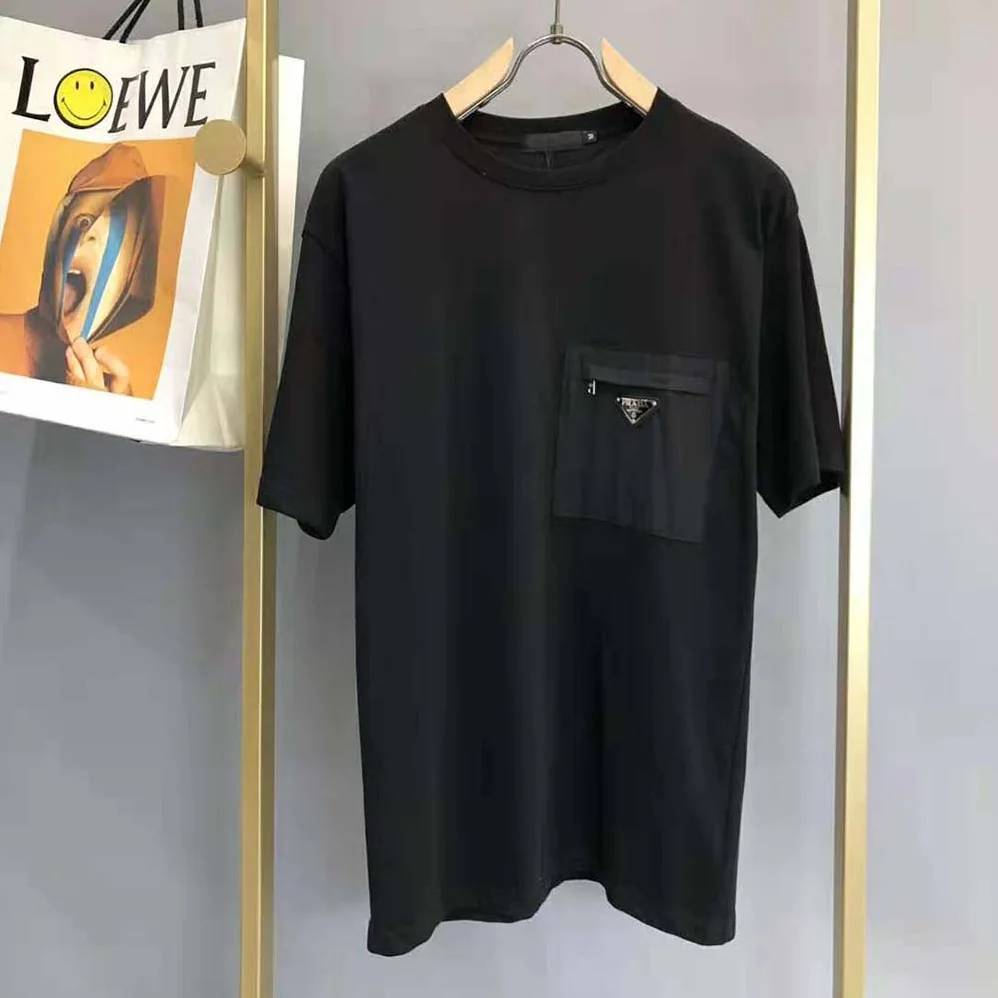 Prada Cotton T-shirt with Nylon Pocket for Men in Black