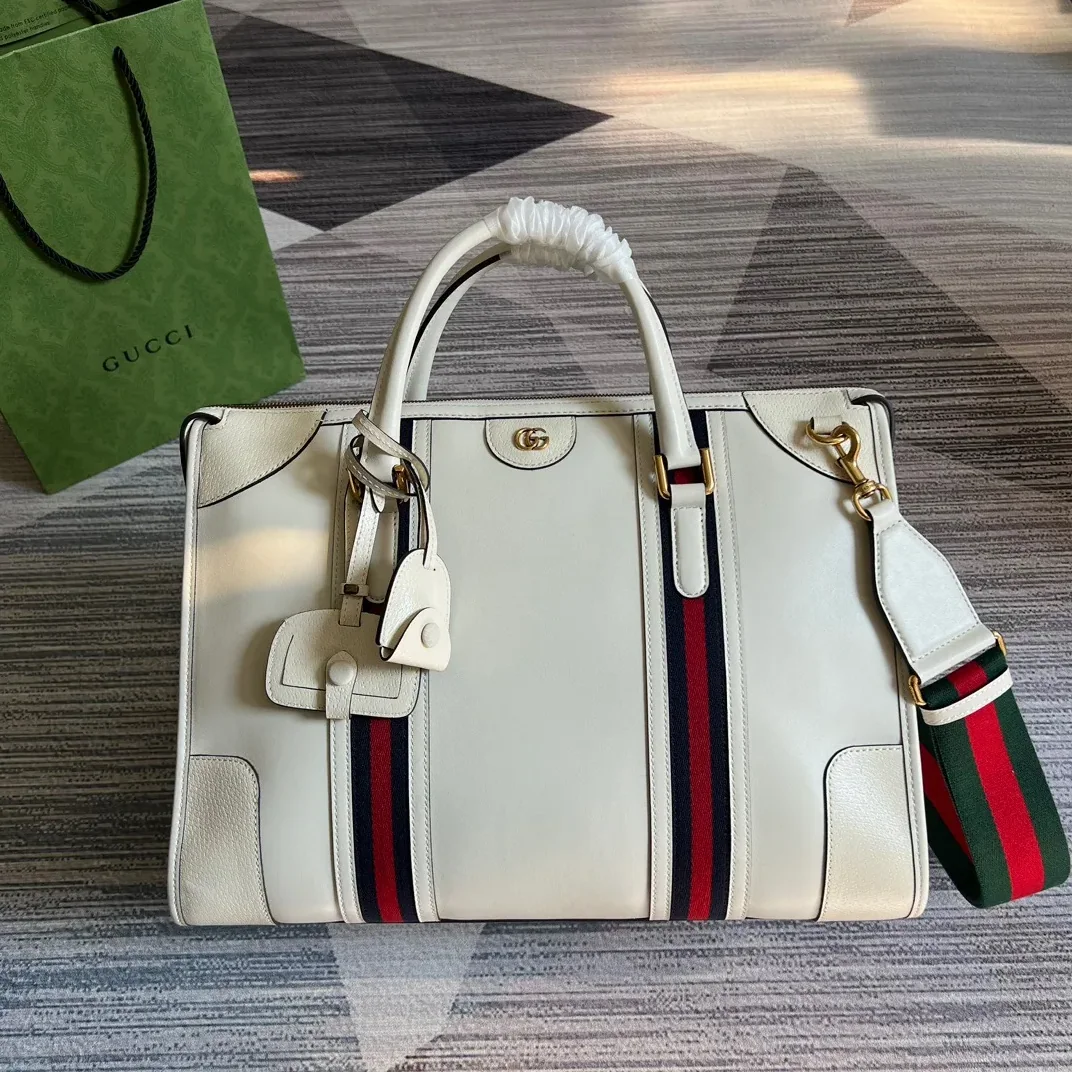 Large Bauletto Top Handle Bag With Double G White in Brown / Large Bauletto Top Handle Bag With Double G White in Brown /
