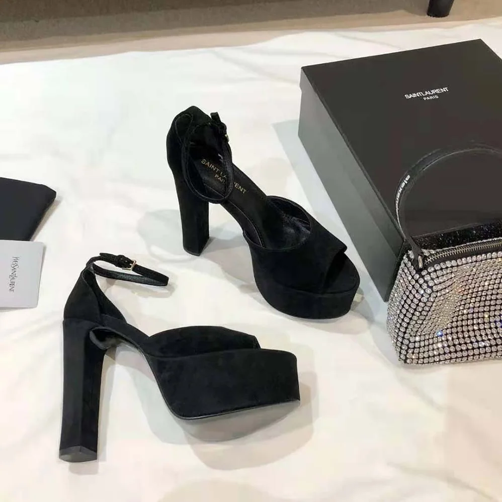Saint Laurent YSL Jodie Platform Sandals in Suede for Women in Black