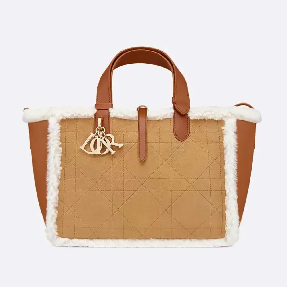 Dior Medium Dior Toujours Bag Beige Macrocannage Suede and Ecru Lambskin Shearling for Women