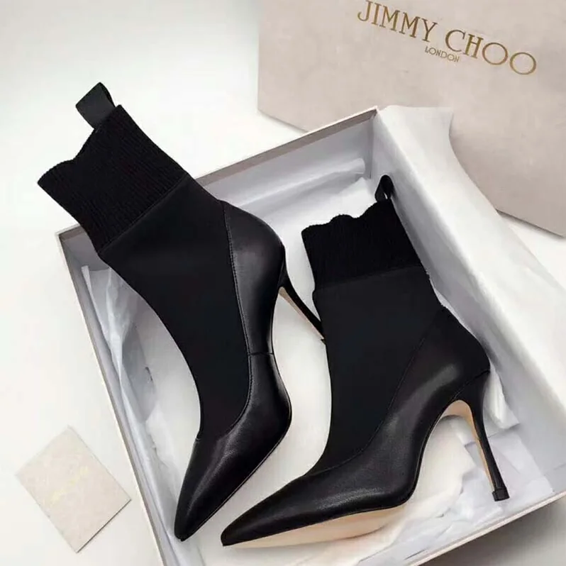 Jimmy Choo Shoes Brandon 85 Black Nappa Leather and Stretch Fabric Sock Ankle Boots for Women Jimmy Choo Shoes Brandon 85 Black Nappa Leather and Stretch Fabric Sock Ankle Boots for Women