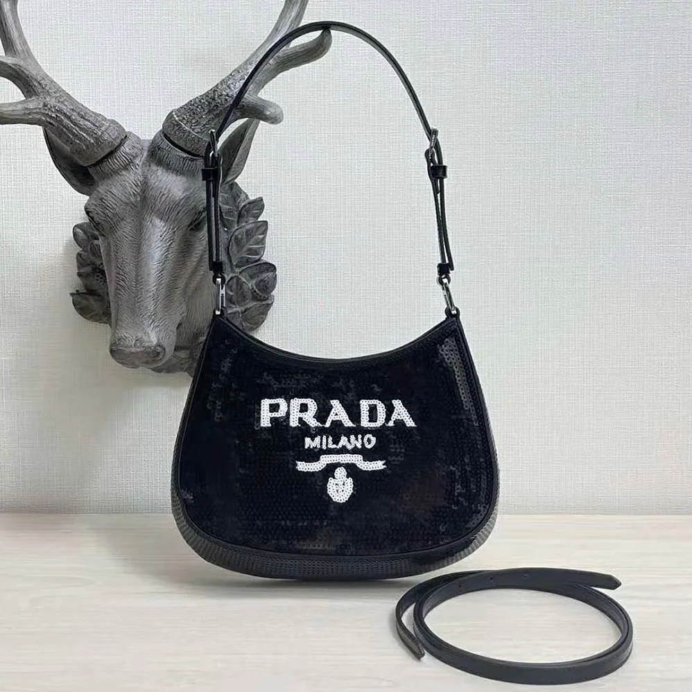 Prada Cleo Sequined Bag with Embroidered Lettering Logo on the Front for Women