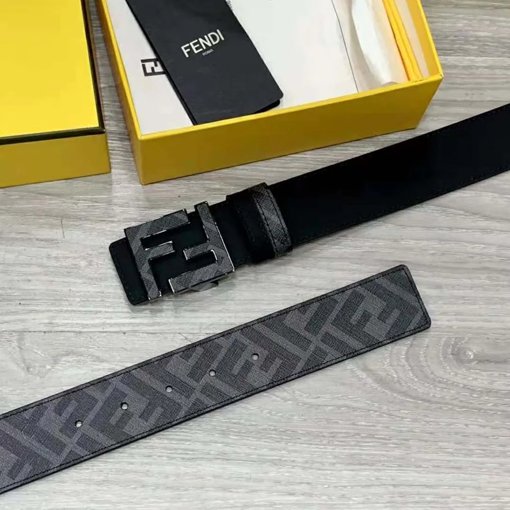 Fendi Gray Leather Belt with FF Buckle with Stud Closure for Men