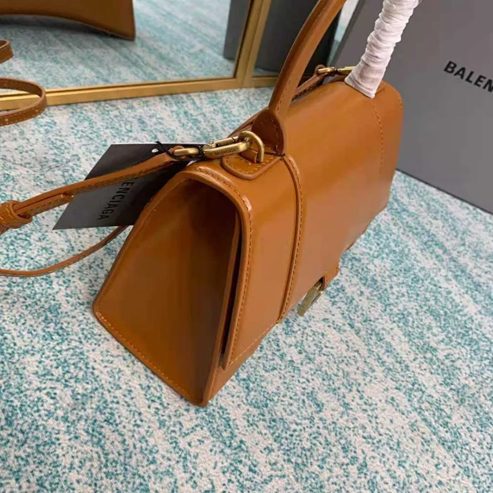 Balenciaga Hourglass Small Top Handle Bag in Shiny Box Calfskin for Women in Brown