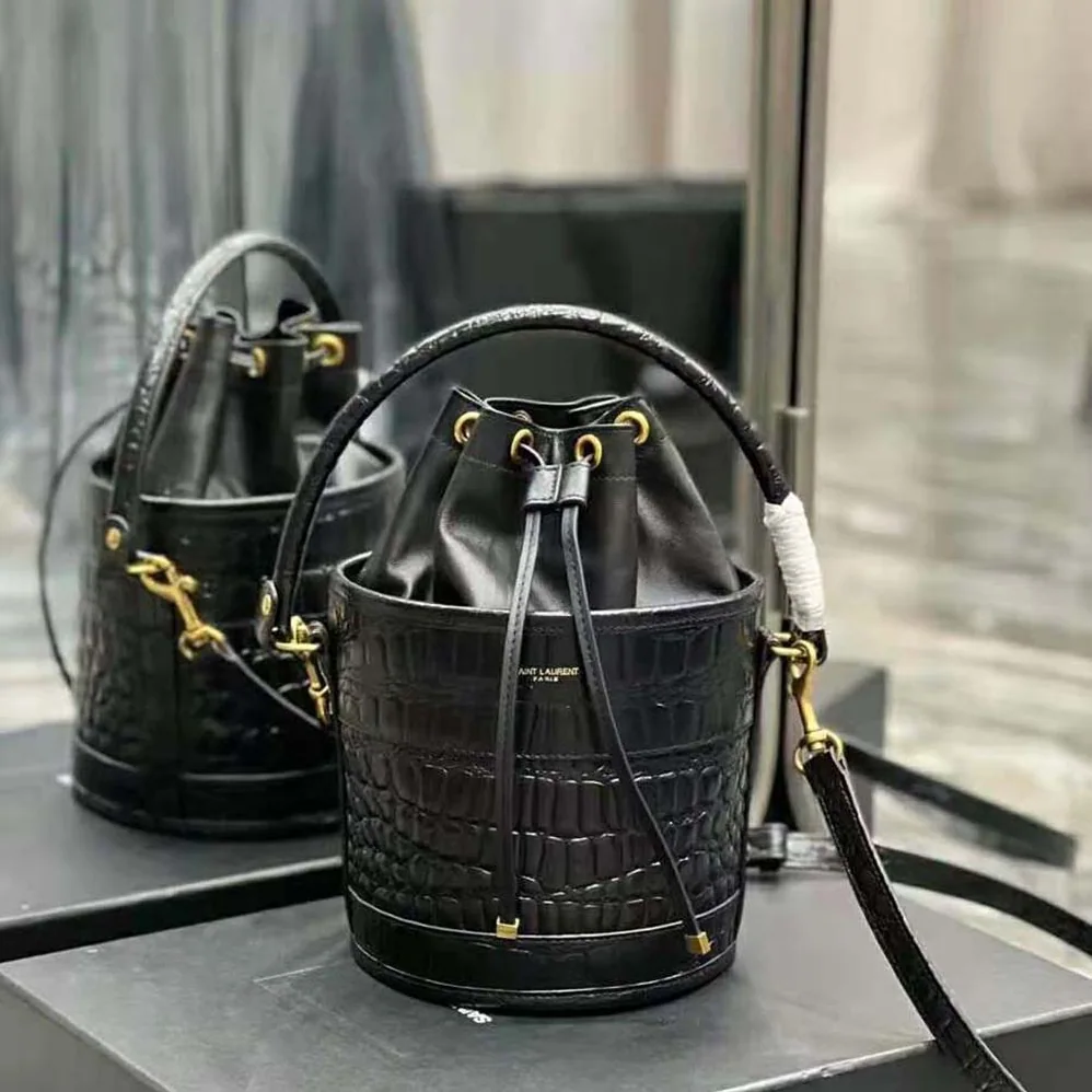 Saint Laurent YSL Bahia Small Bucket Bag in Crocodile for Women in Embossed Lacquered Leather Saint Laurent YSL Bahia Small Bucket Bag in Crocodile for Women in Embossed Lacquered Leather