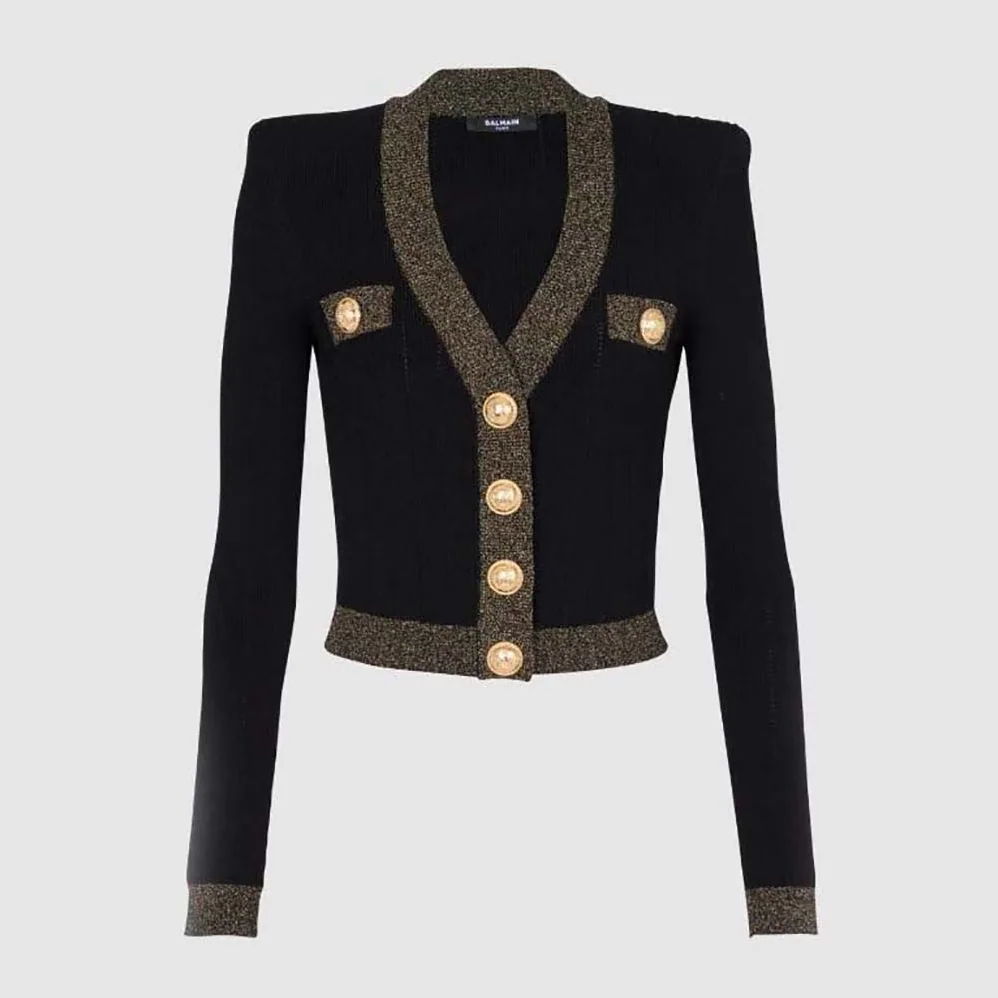Balmain Cropped Knit Cardigan with Gold Trim for Women