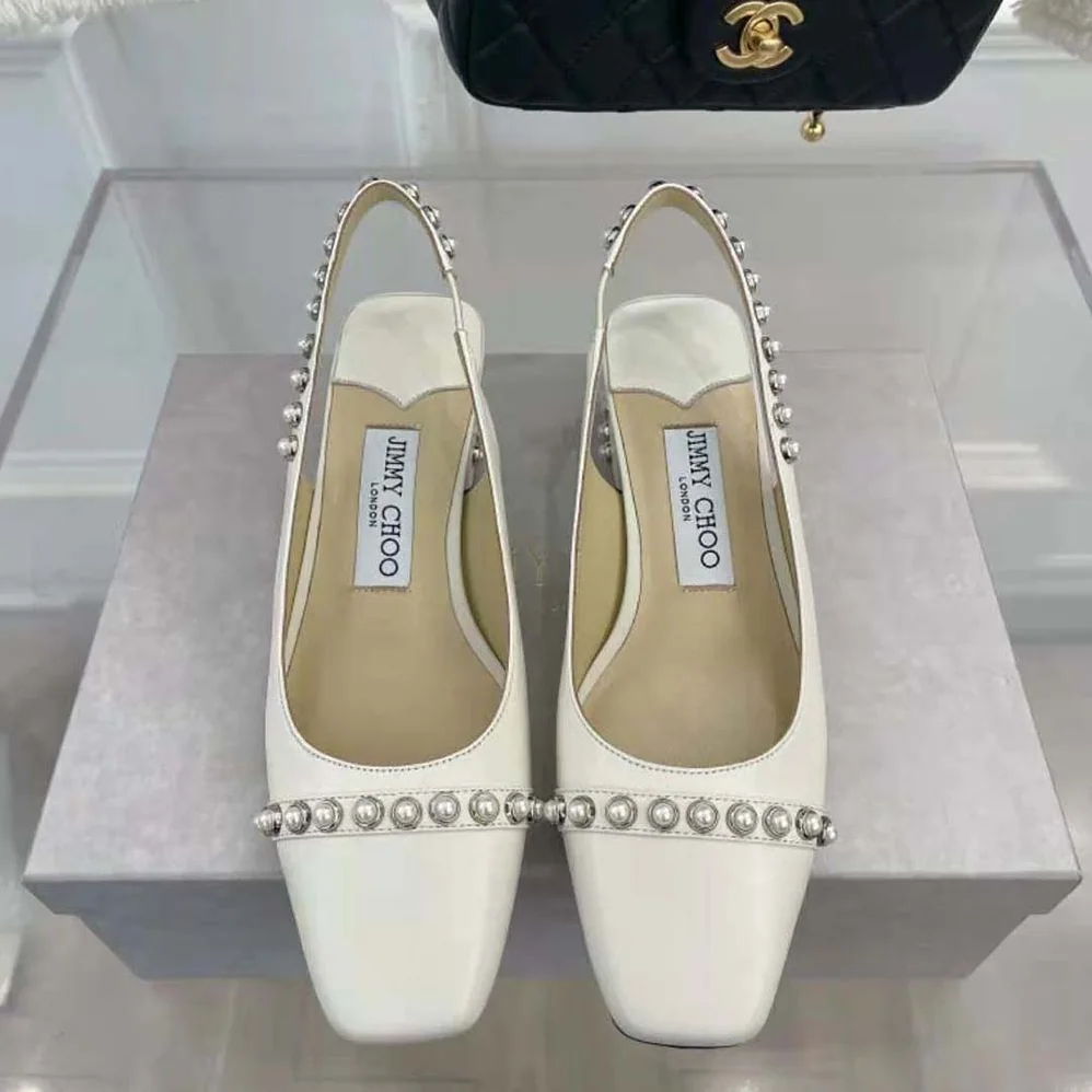 Jimmy Choo Hya 45 Latte Nappa Slingbacks with Pearl Studs for Women