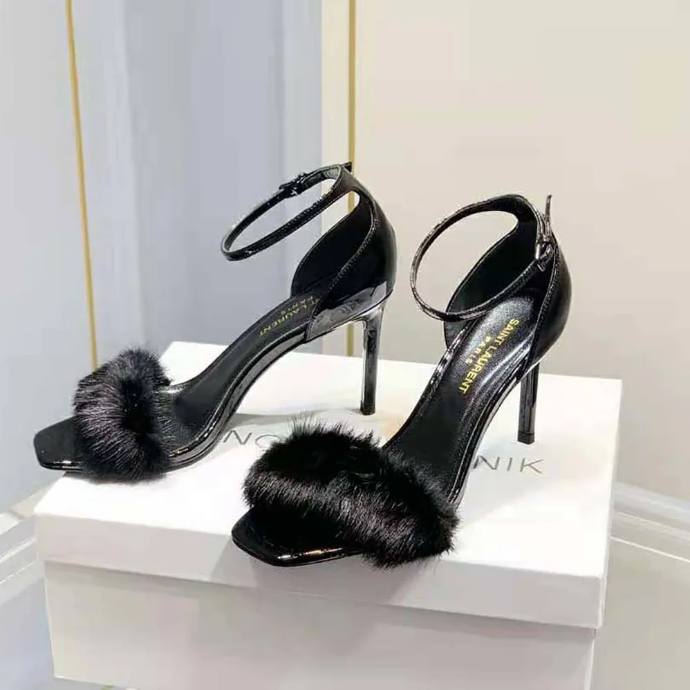 Saint Laurent YSL Bea Sandals in Patent Leather and Mink for Women Saint Laurent YSL Bea Sandals in Patent Leather and Mink for Women