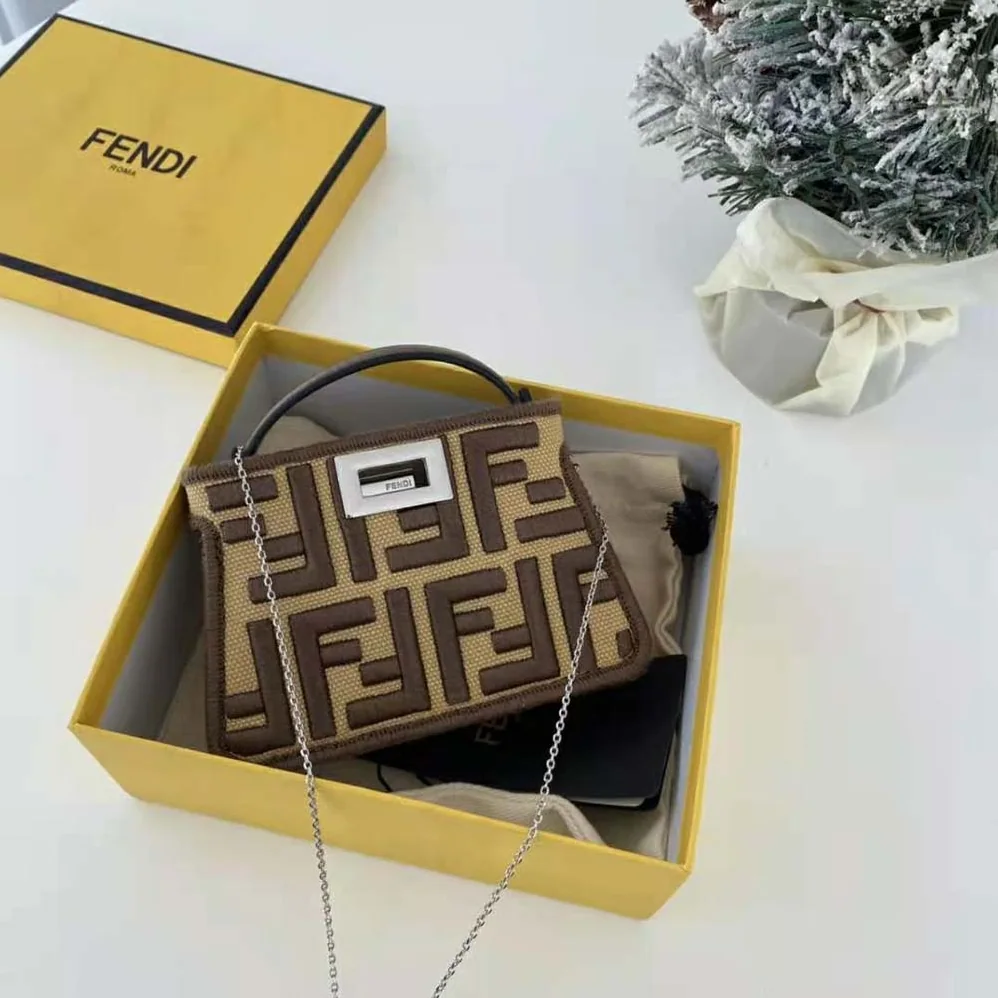 Fendi Nano Peekaboo Charm Gray FF Canvas Charm for Women in Brown Fendi Nano Peekaboo Charm Gray FF Canvas Charm for Women in Brown