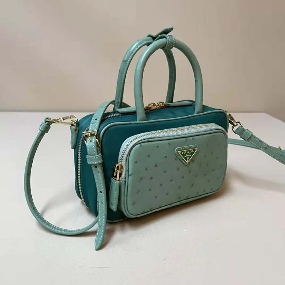 Prada Re-Nylon and Ostrich Leather Two-handle Bag for Women in Green Prada Re-Nylon and Ostrich Leather Two-handle Bag for Women in Green