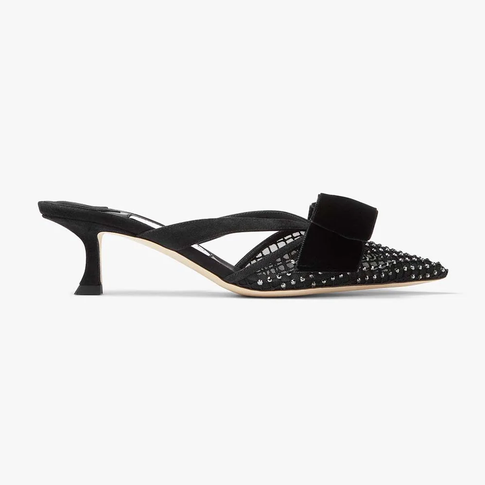 Jimmy Choo Flaca Mule 50 Black Crystal Mesh Mules with Bows for Women Jimmy Choo Flaca Mule 50 Black Crystal Mesh Mules with Bows for Women