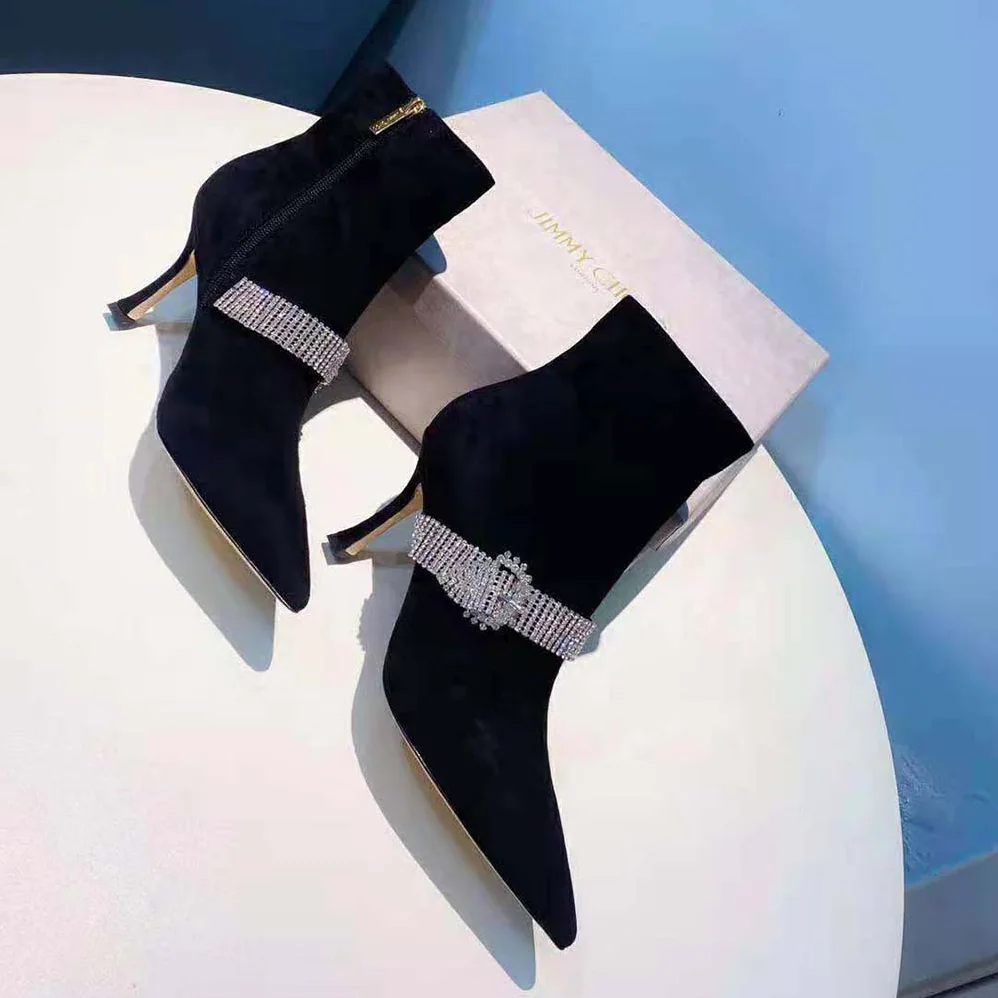 Jimmy Choo Kaza 90 Black Suede Shoe Booties with Crystal for Women in Embellished Strap