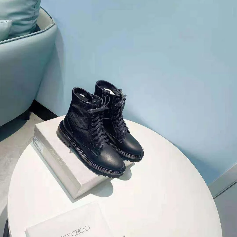 Jimmy Choo Cora Flat Black JC Monogram Leather Mix Combat Boots for Women