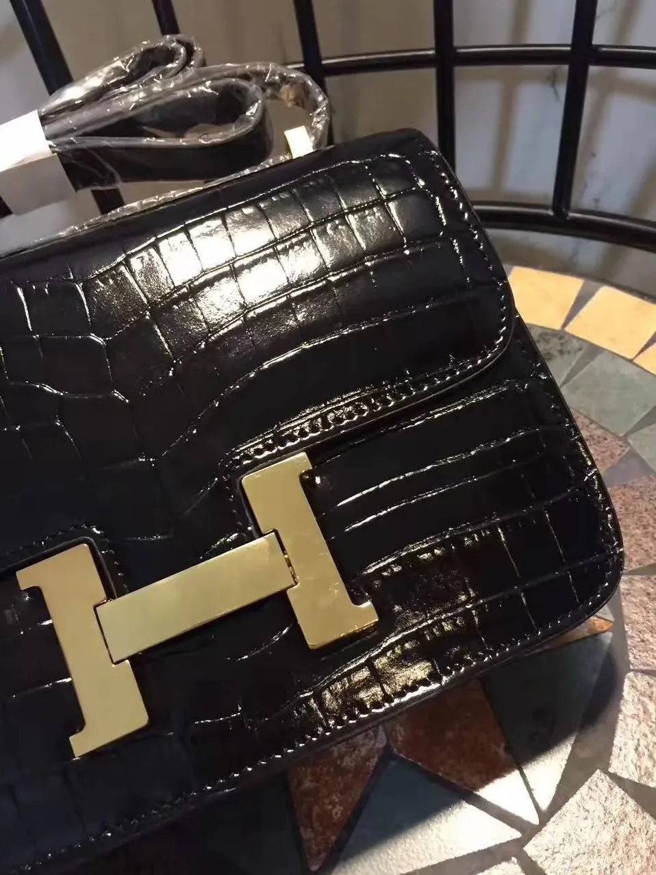 Hermes Constance 24 Pattern Crocodile Black