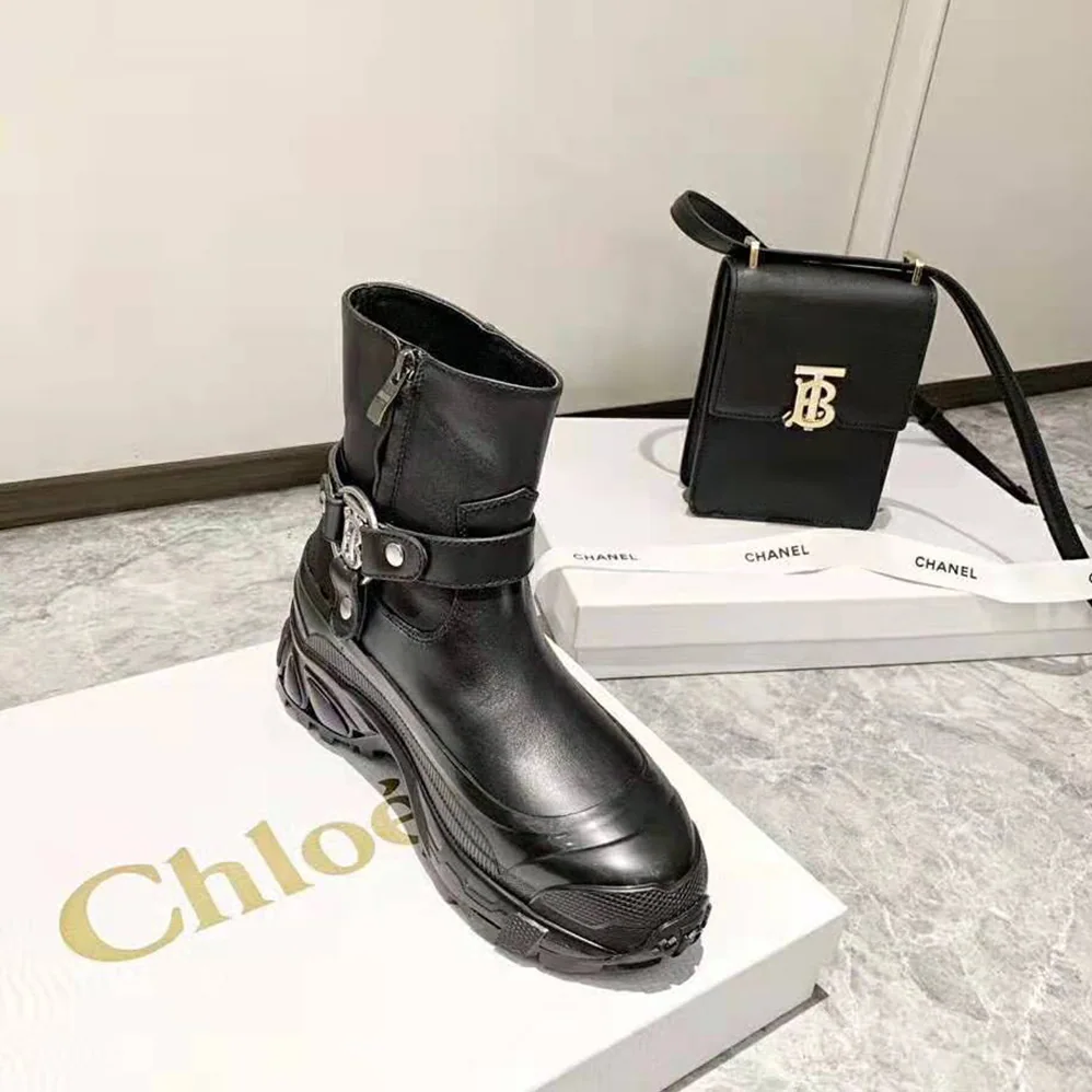Burberry Monogram Motif Buckle Leather Boots for Women in Black Burberry Monogram Motif Buckle Leather Boots for Women in Black
