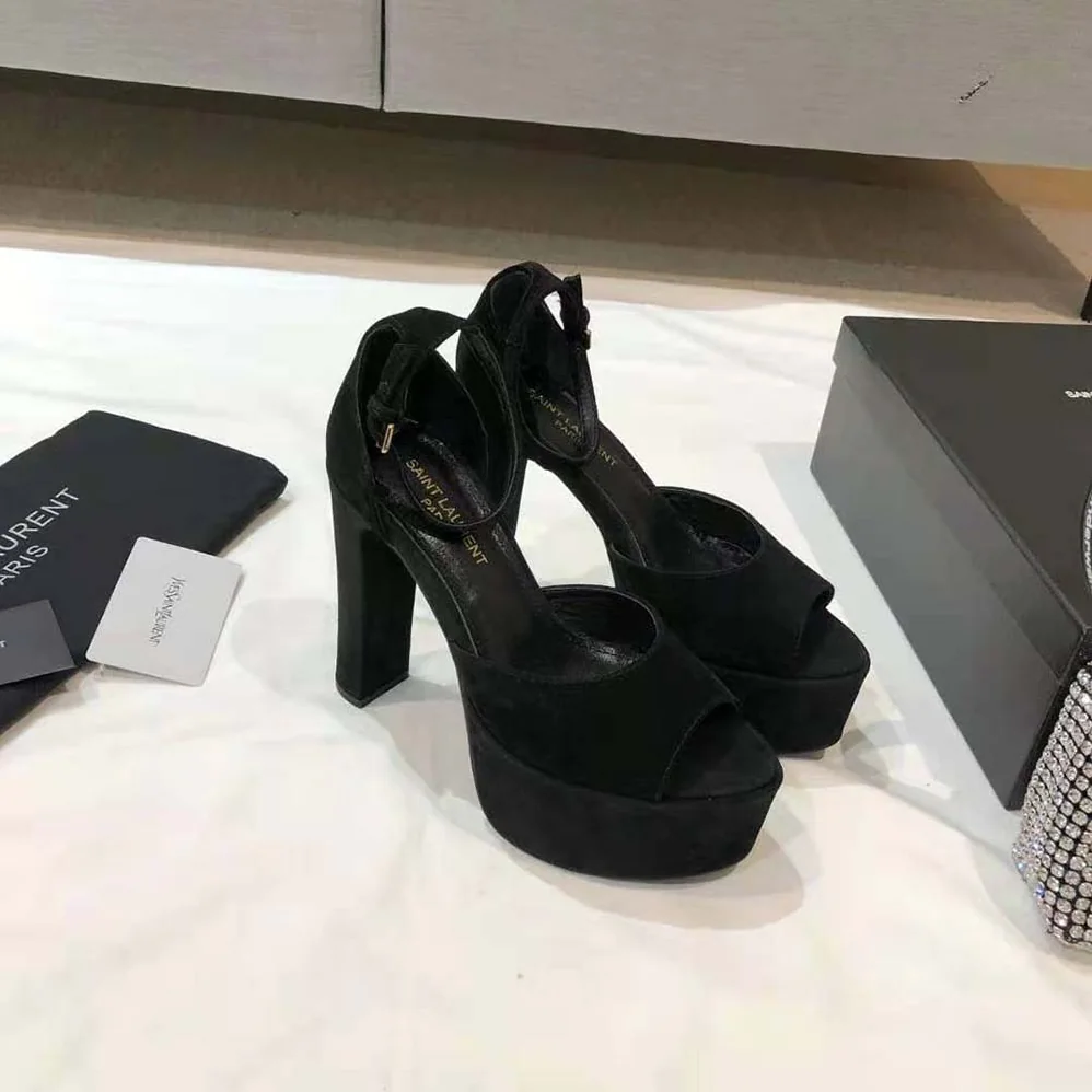 Saint Laurent YSL Jodie Platform Sandals in Suede for Women in Black