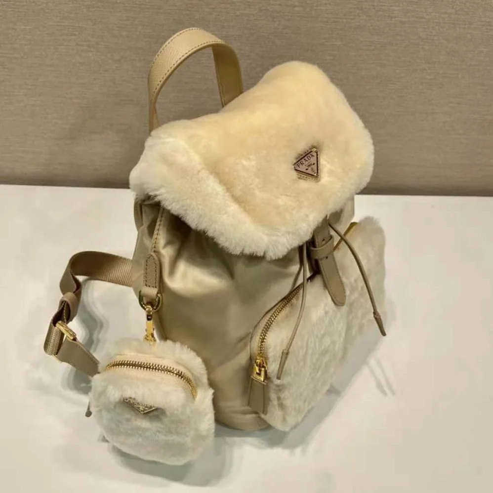 Prada Re-Nylon and Shearling Backpack for Women in Beige